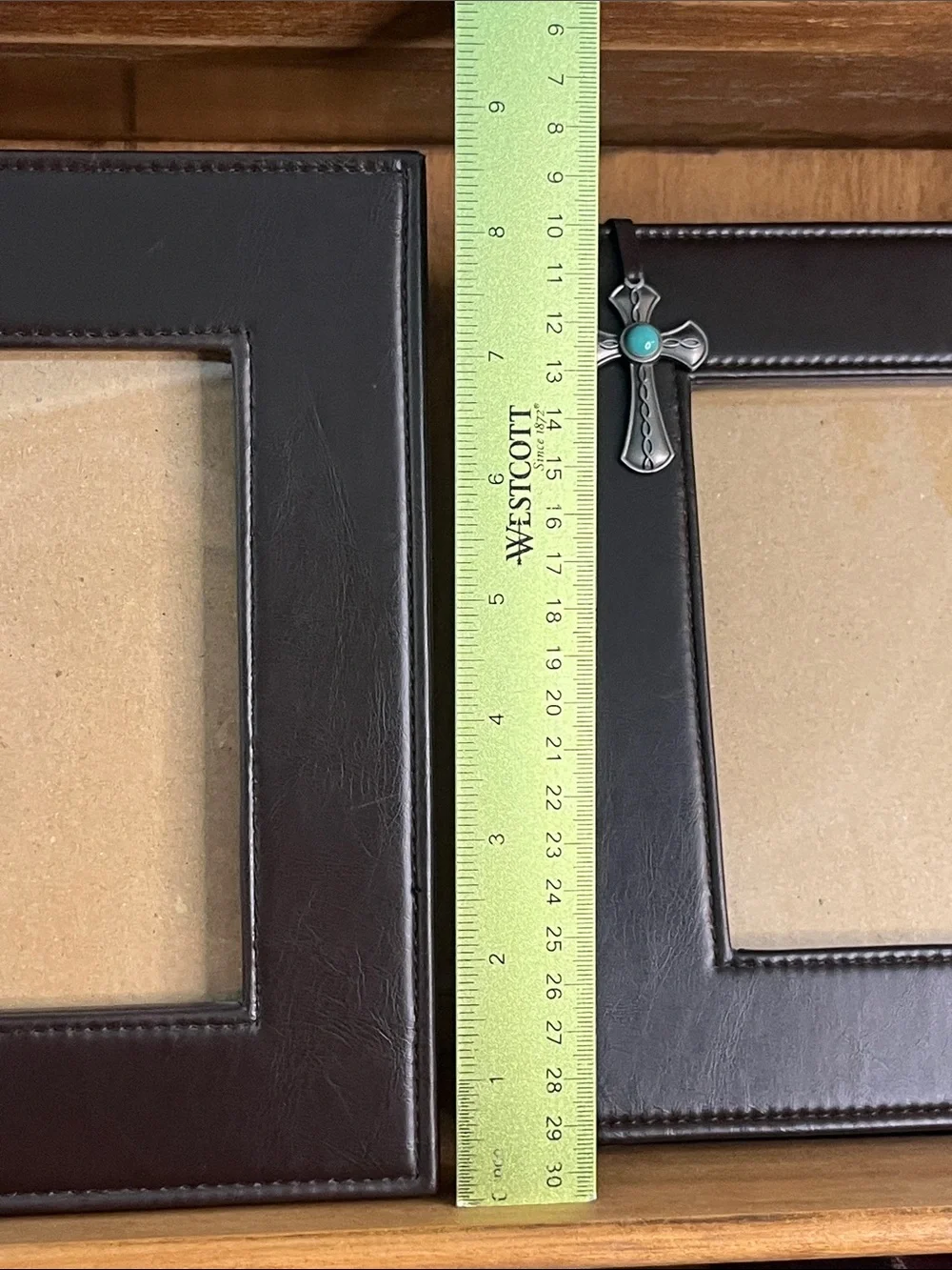 Pair of Connoisseur, Western Faux Leather Picture Frames w/Turquoise Cross (4x6)